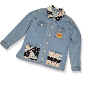 Style & Co Macy's Womens Blue Denim Jean Jacket w/ Floral Patch Trim Size L